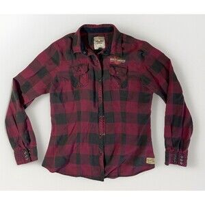 Harley Davidson Women’s Maroon Red Flannel Size L Button Pearl Snap